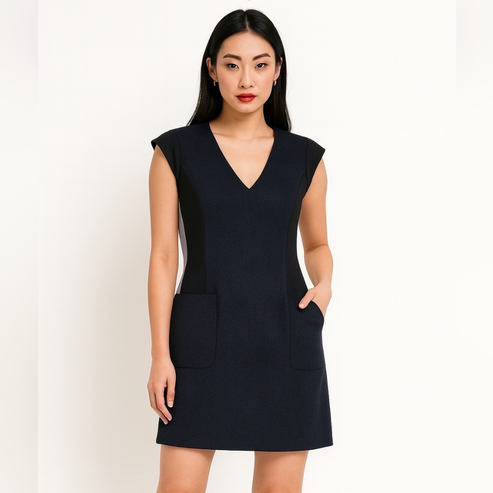 REBECCA TAYLOR Colorblock Shift Dress Rolled Cap Sleeves Navy Black Lavender 6 M - Picture 5 of 13